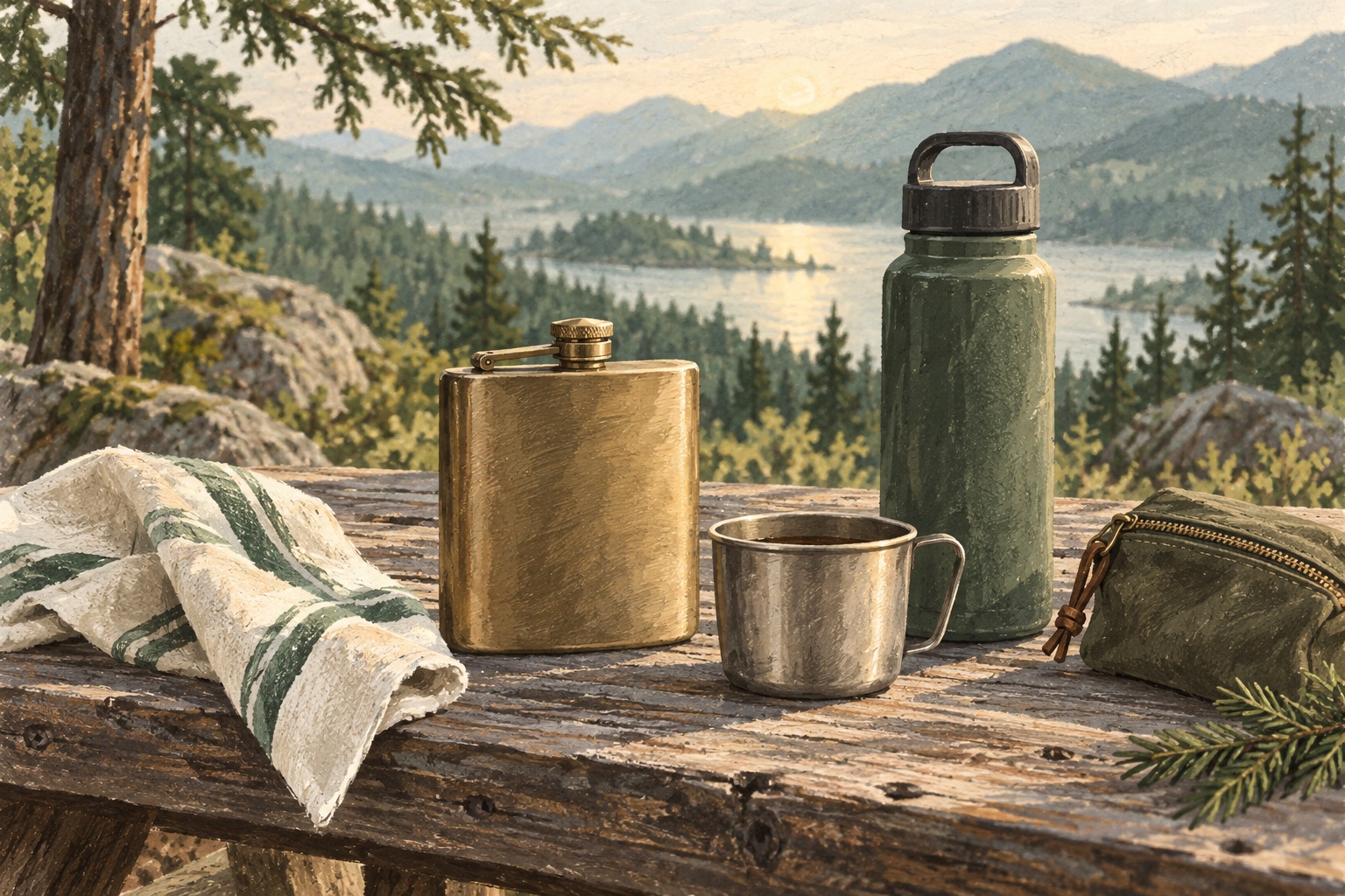 Illustration of a compact drink kit at a campsite