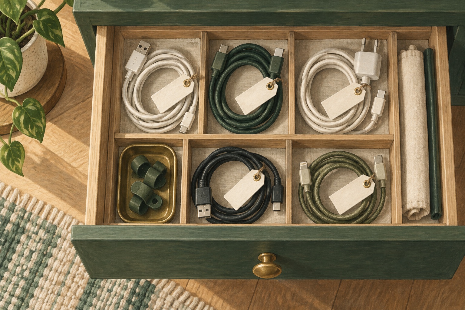 Illustration of labeled cables organized in a drawer