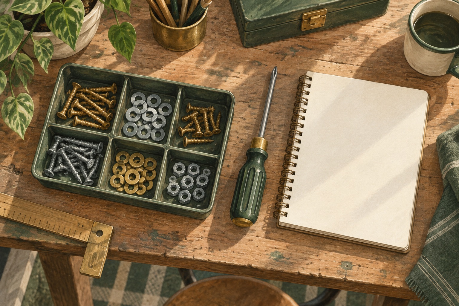 Illustration of grouped fasteners and tools on a repair bench